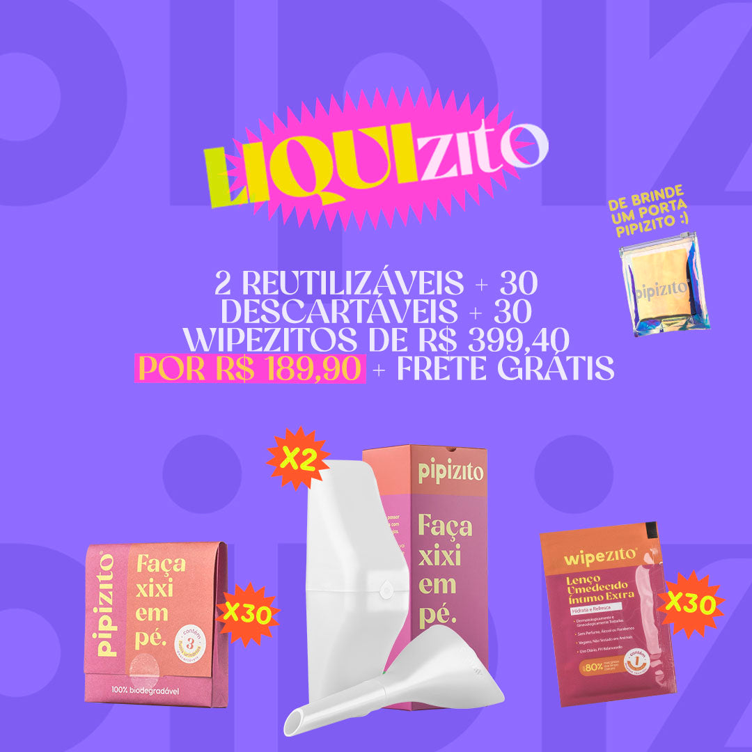 LIQUIzito: Pipizito Reutilizável Branco EM DOBRO + 30 Descartáveis + 30 Wipezitos + Porta Pipizito
